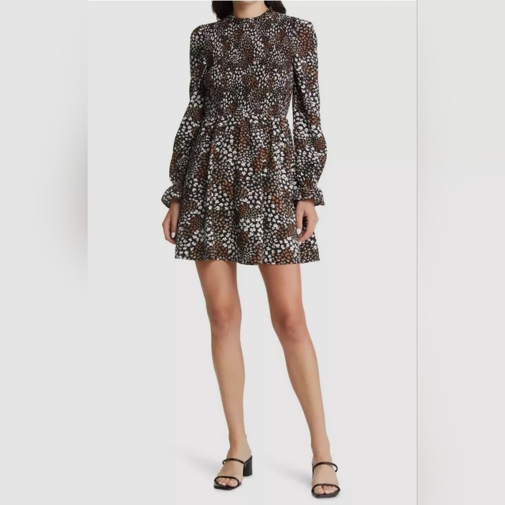 Vero Moda Women's Black Floral Smocked Jewel Neck Mini Dress Size M